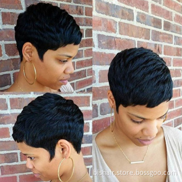 Wholesale Short Pixie Cut Straight Remy Brazilian Human Hair for Black Women Machine Made Highlight Color Cheap Glueless Wig